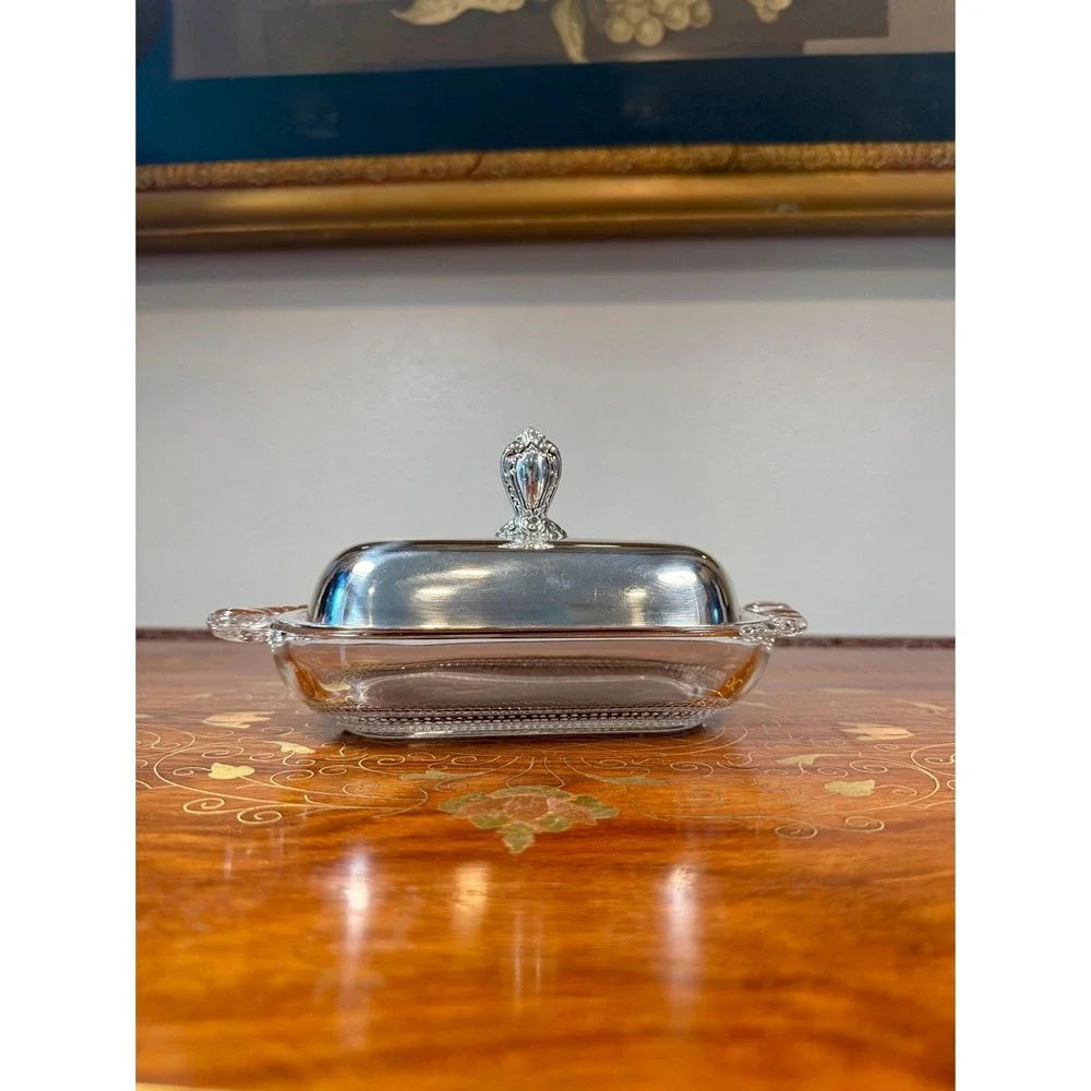 Vintage 1847 Rogers Bros Butter Dish •‎ Silverplate Lid & Pressed Glass Base